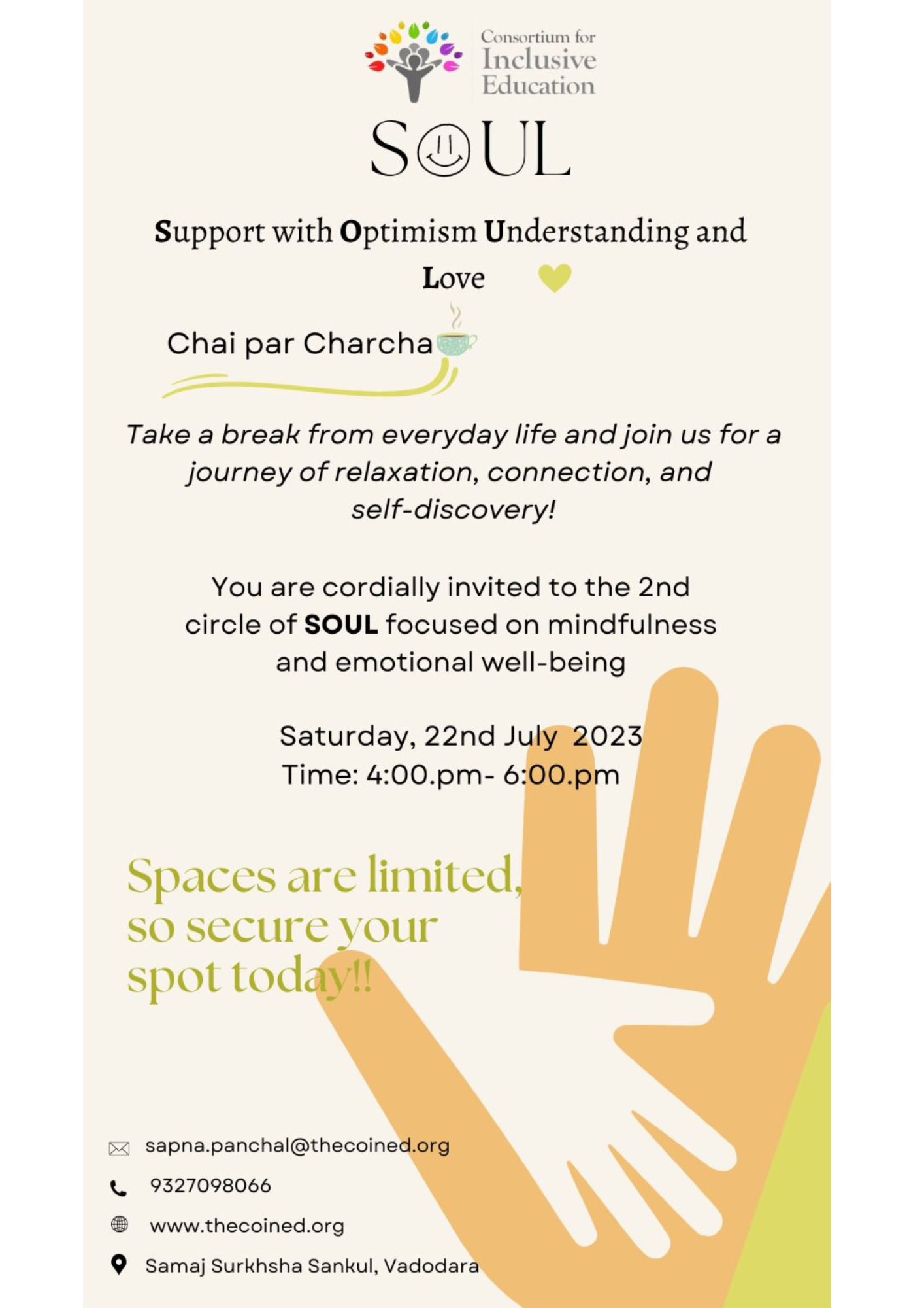 invitation to the second round of parent support group meeting called SOUl. it is going to be held on 22 July 2023 at 4 pm to 6pm.